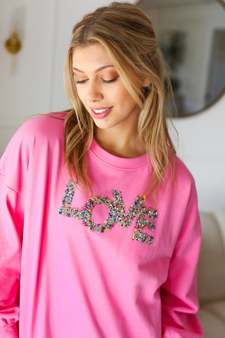 Pink "LOVE" Jewel Beaded Patch Pullover Top-Haptics-[option4]-[option5]-[option6]-[option7]-[option8]-Shop-Boutique-Clothing-for-Women-Online