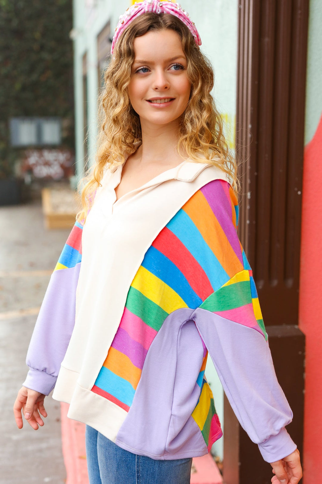 Feeling Bold Lilac Multicolor Stripe Collared V Neck Pullover-Haptics-[option4]-[option5]-[option6]-[option7]-[option8]-Shop-Boutique-Clothing-for-Women-Online