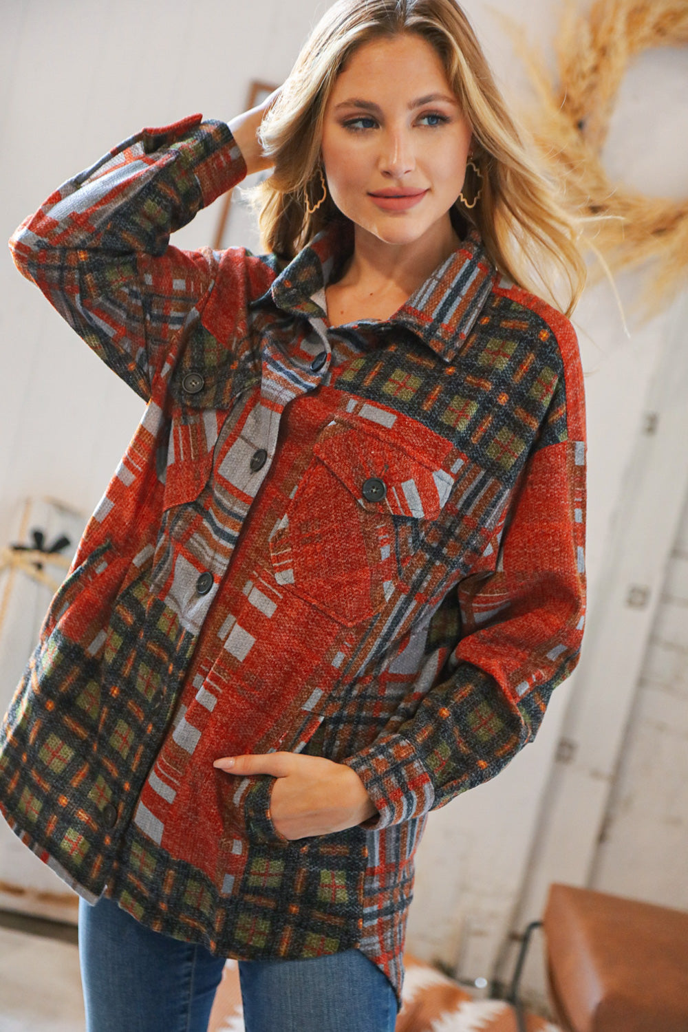 Hunter Green/Rust Brushed Plaid Oversize Shacket-Zenana-[option4]-[option5]-[option6]-[option7]-[option8]-Shop-Boutique-Clothing-for-Women-Online