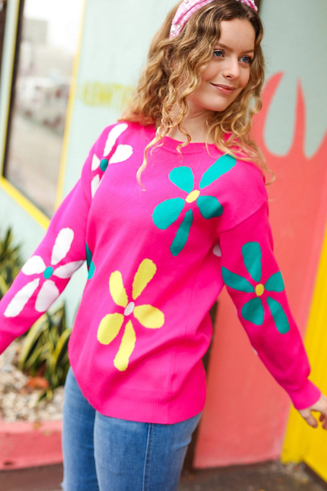 Flower Power Hot Pink Daisy Jacquard Pullover Sweater-Haptics-[option4]-[option5]-[option6]-[option7]-[option8]-Shop-Boutique-Clothing-for-Women-Online
