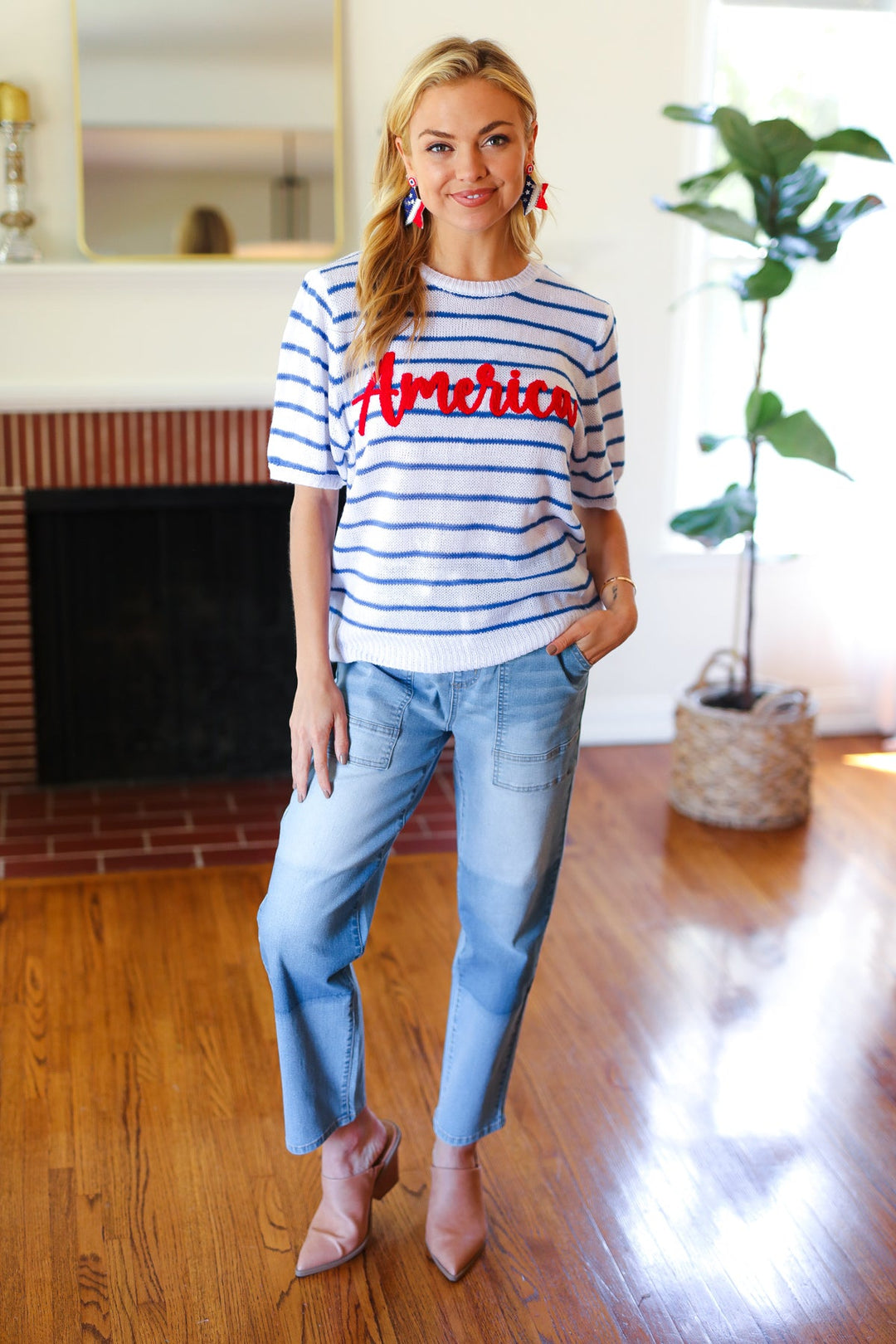 America Proud Blue Striped Embroidered Puff Sleeve Top-Haptics-[option4]-[option5]-[option6]-[option7]-[option8]-Shop-Boutique-Clothing-for-Women-Online