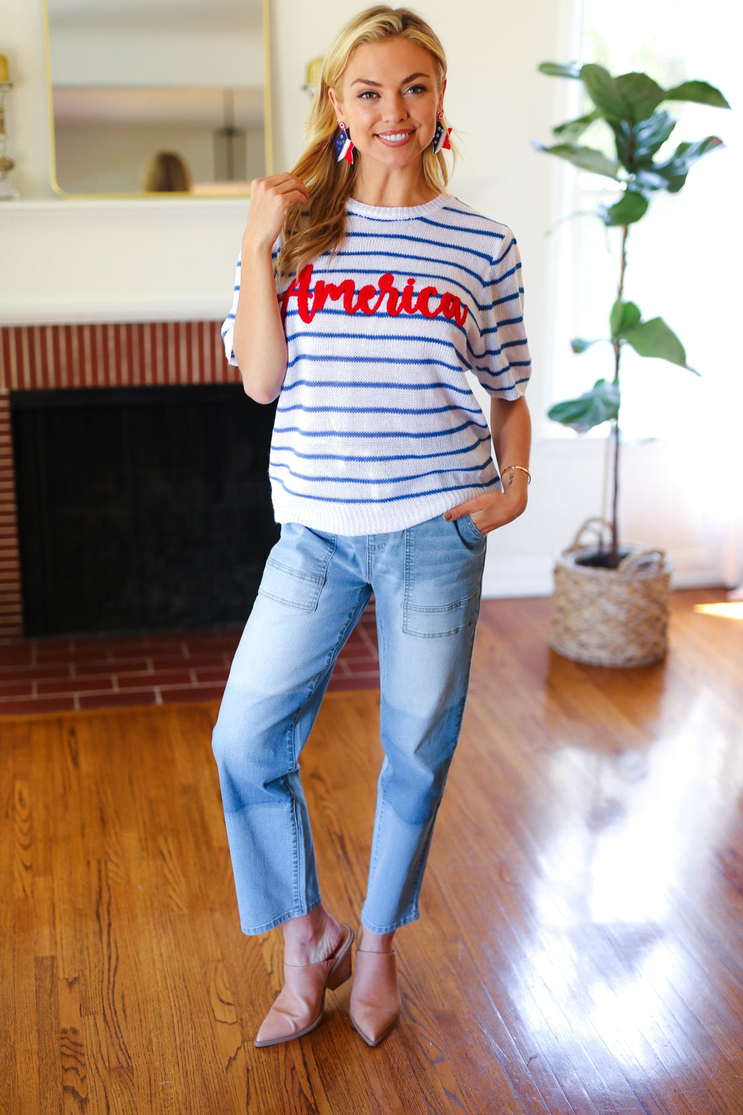 America Proud Blue Striped Embroidered Puff Sleeve Top-Haptics-[option4]-[option5]-[option6]-[option7]-[option8]-Shop-Boutique-Clothing-for-Women-Online