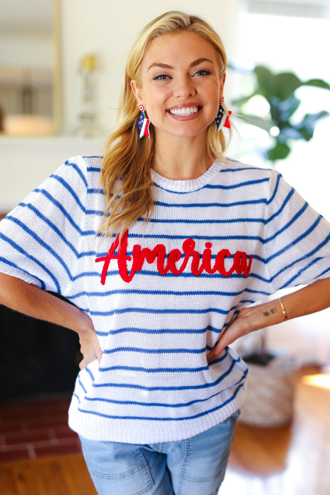 America Proud Blue Striped Embroidered Puff Sleeve Top-Haptics-[option4]-[option5]-[option6]-[option7]-[option8]-Shop-Boutique-Clothing-for-Women-Online