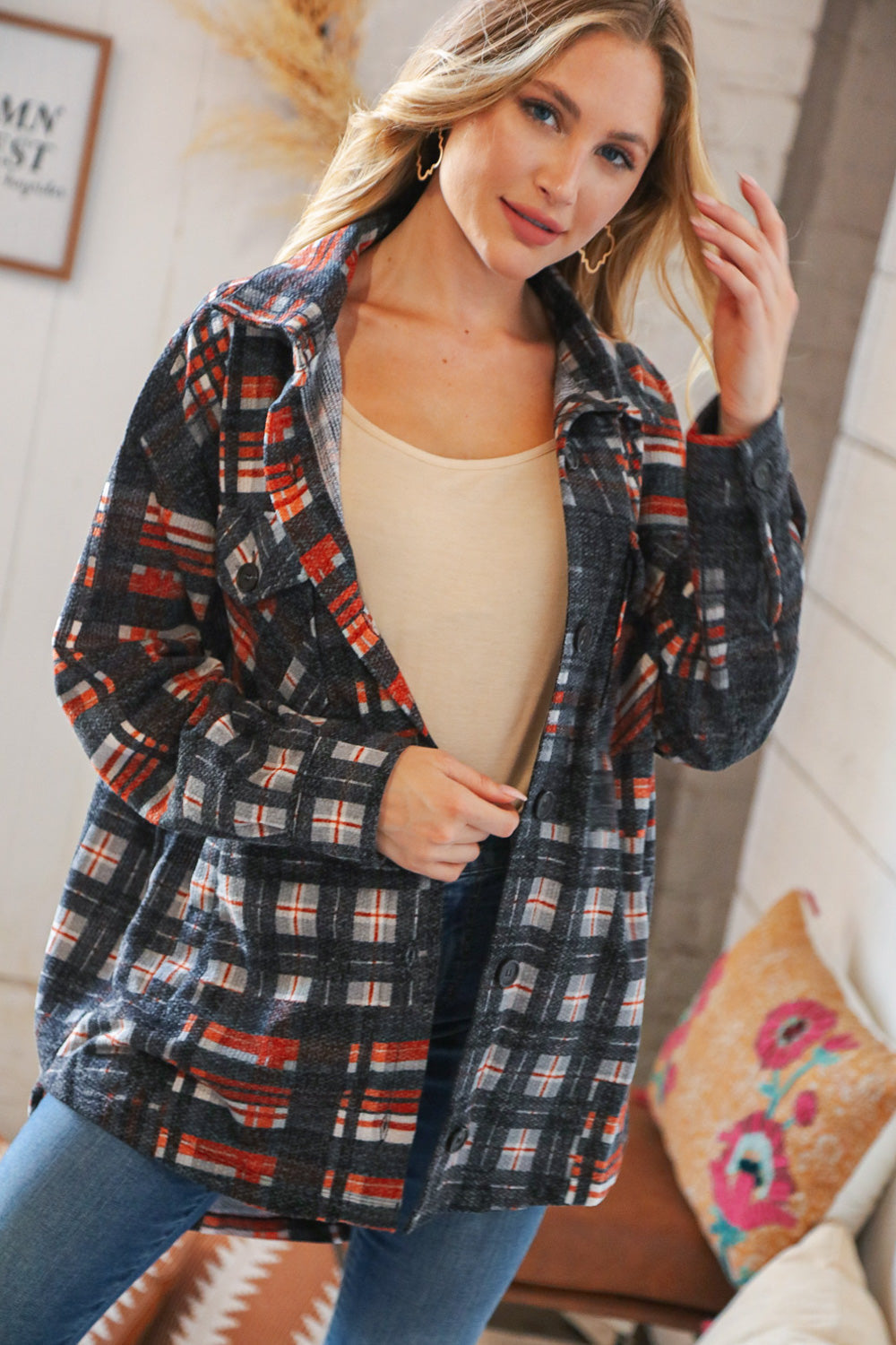 Black & Rust Brushed Plaid Oversize Pocketed Shacket-Zenana-[option4]-[option5]-[option6]-[option7]-[option8]-Shop-Boutique-Clothing-for-Women-Online