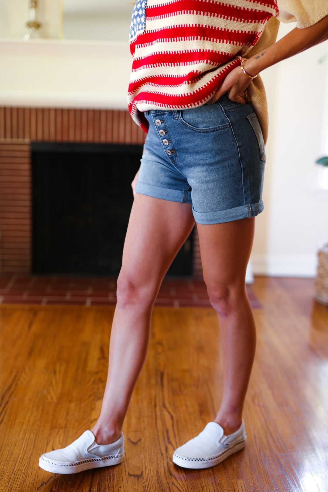 Stars & Stripes Pocket Button Down Cuffed Hem Shorts-Haptics-[option4]-[option5]-[option6]-[option7]-[option8]-Shop-Boutique-Clothing-for-Women-Online