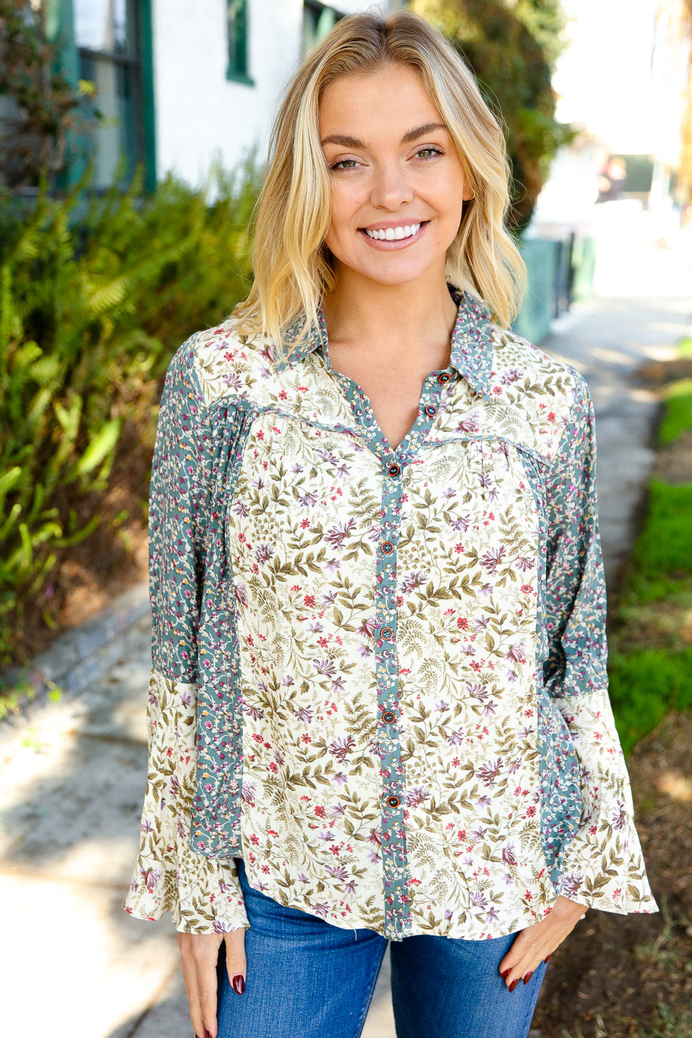 Diva Dreams Mint & Oatmeal Floral Button-Down Bell Sleeve Top-Mystree-[option4]-[option5]-[option6]-[option7]-[option8]-Shop-Boutique-Clothing-for-Women-Online