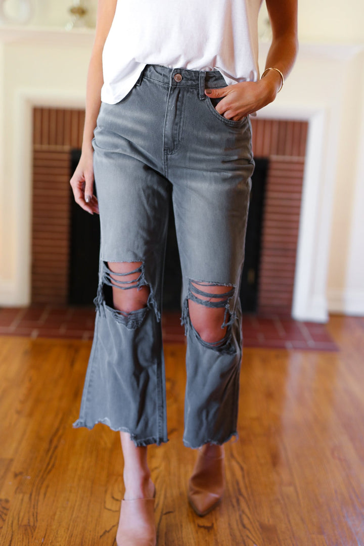 Zenana Cut Loose Ash Black High Rise Washed Distressed Cropped Pants-Zenana-[option4]-[option5]-[option6]-[option7]-[option8]-Shop-Boutique-Clothing-for-Women-Online
