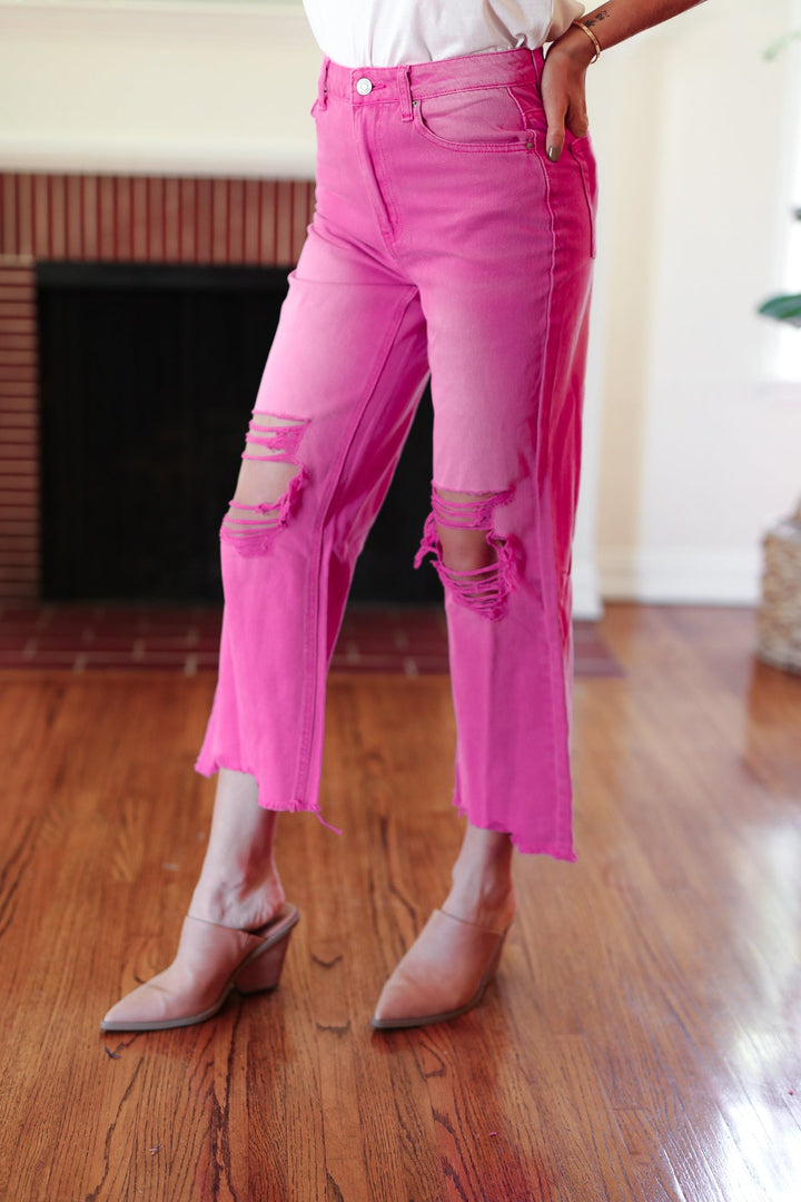 Zenana Cut Loose Hot Pink High Rise Washed Distressed Hem & Knee Cropped Pants-Zenana-26-[option4]-[option5]-[option6]-[option7]-[option8]-Shop-Boutique-Clothing-for-Women-Online