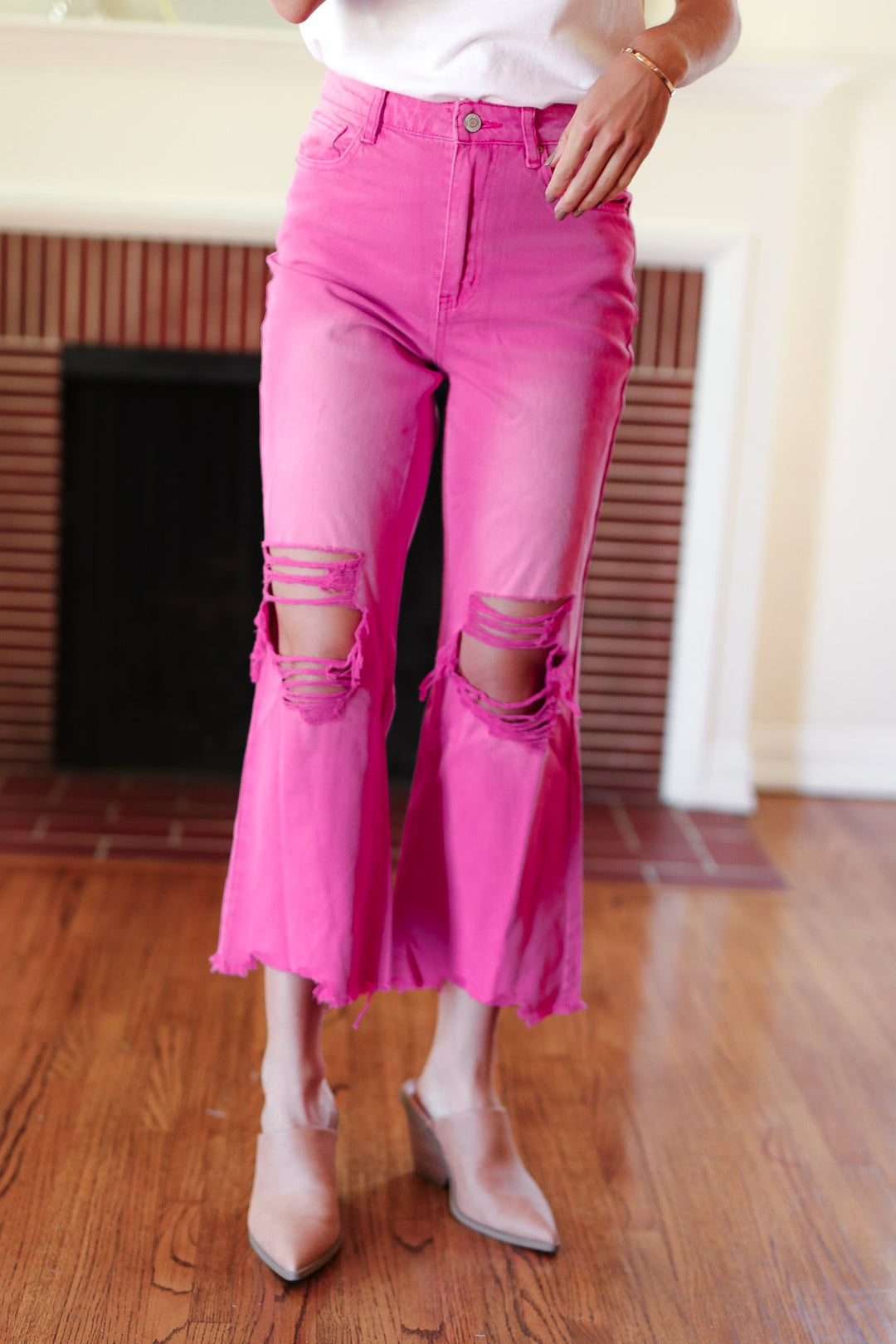 Zenana Cut Loose Hot Pink High Rise Washed Distressed Hem & Knee Cropped Pants-Zenana-26-[option4]-[option5]-[option6]-[option7]-[option8]-Shop-Boutique-Clothing-for-Women-Online