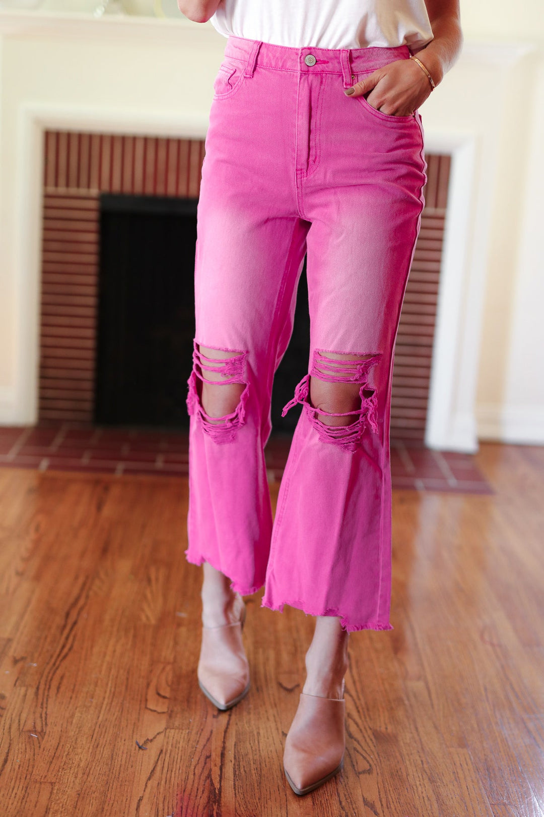 Zenana Cut Loose Hot Pink High Rise Washed Distressed Hem & Knee Cropped Pants-Zenana-26-[option4]-[option5]-[option6]-[option7]-[option8]-Shop-Boutique-Clothing-for-Women-Online