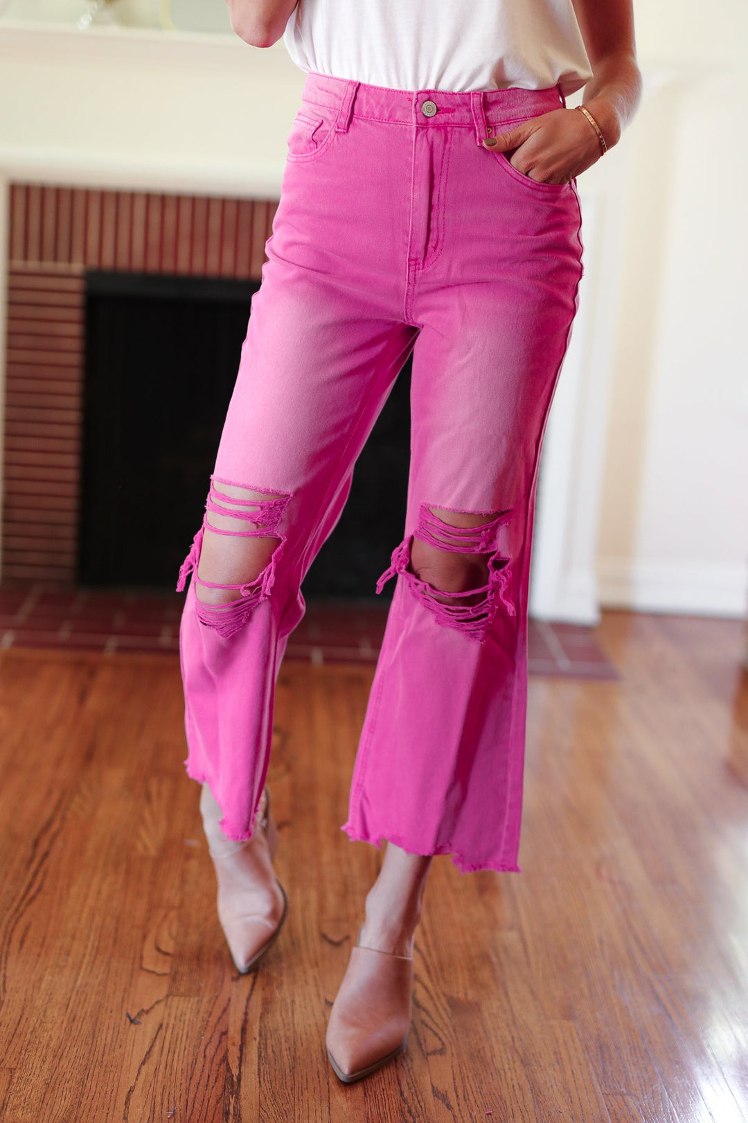 Zenana Cut Loose Hot Pink High Rise Washed Distressed Hem & Knee Cropped Pants-Zenana-26-[option4]-[option5]-[option6]-[option7]-[option8]-Shop-Boutique-Clothing-for-Women-Online