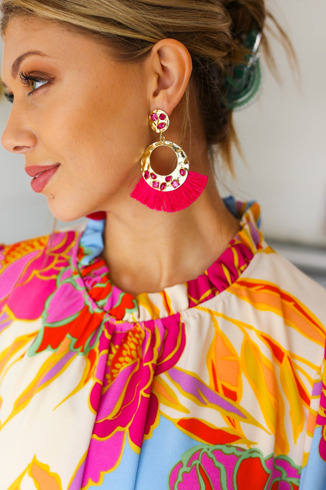 Magenta Rhinestone Tassel Gold Drop Earrings-ICON-One Size Fits All-[option4]-[option5]-[option6]-[option7]-[option8]-Shop-Boutique-Clothing-for-Women-Online