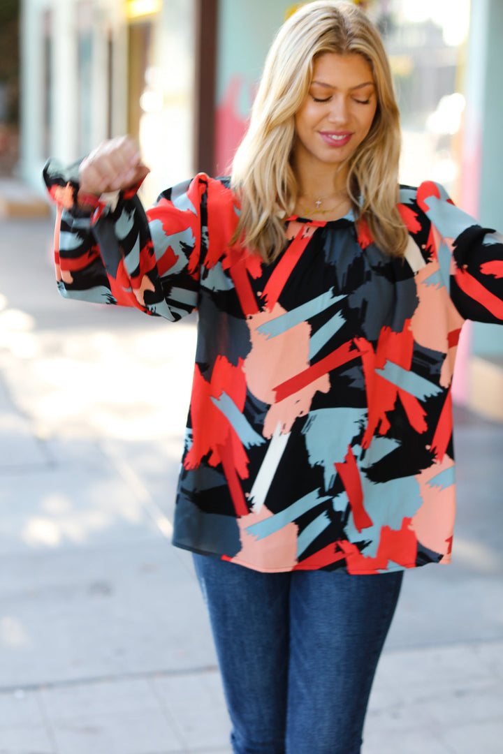 Haptics Black & Red Abstract Print Frill NeckTop-Haptics-[option4]-[option5]-[option6]-[option7]-[option8]-Shop-Boutique-Clothing-for-Women-Online