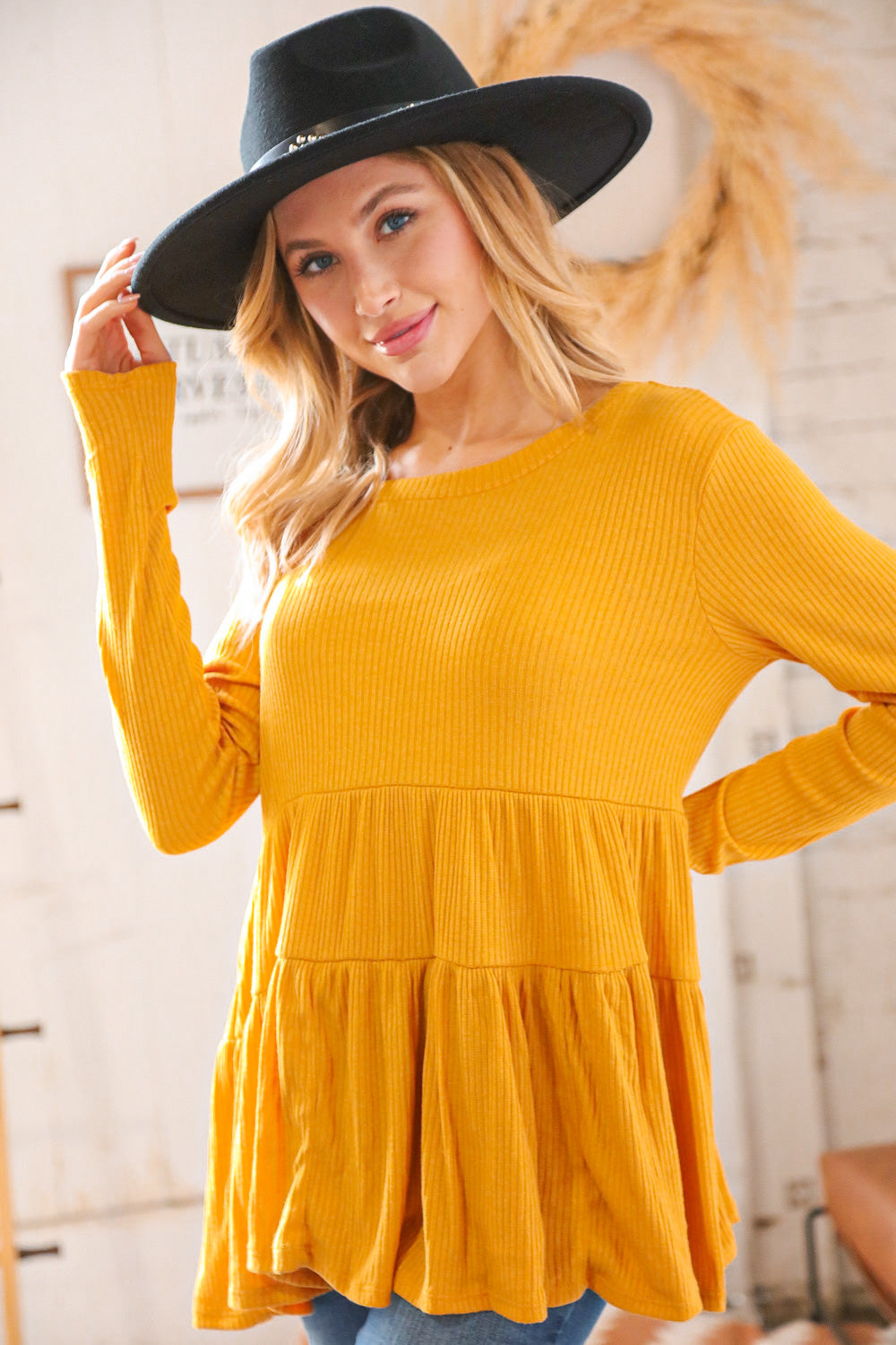 Haptics Sunflower Hacci Ribbed Tiered Babydoll Top-Haptics-[option4]-[option5]-[option6]-[option7]-[option8]-Shop-Boutique-Clothing-for-Women-Online