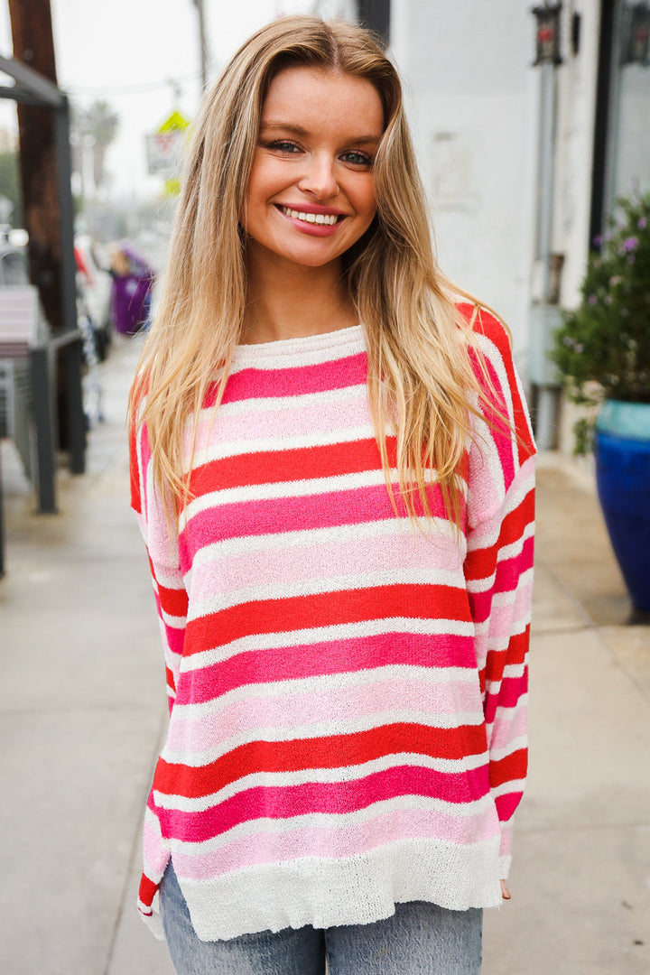 Follow Me Red/Pink Loose Knit Stripe Ribbed Sweater