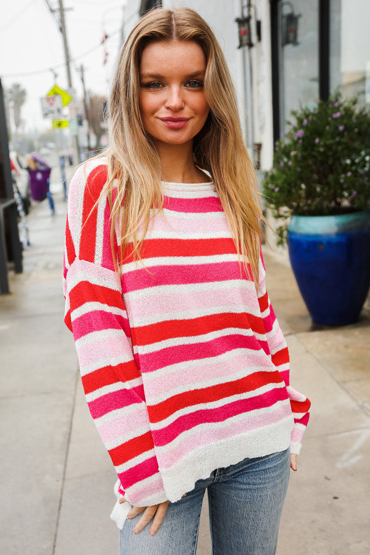 Follow Me Red/Pink Loose Knit Stripe Ribbed Sweater