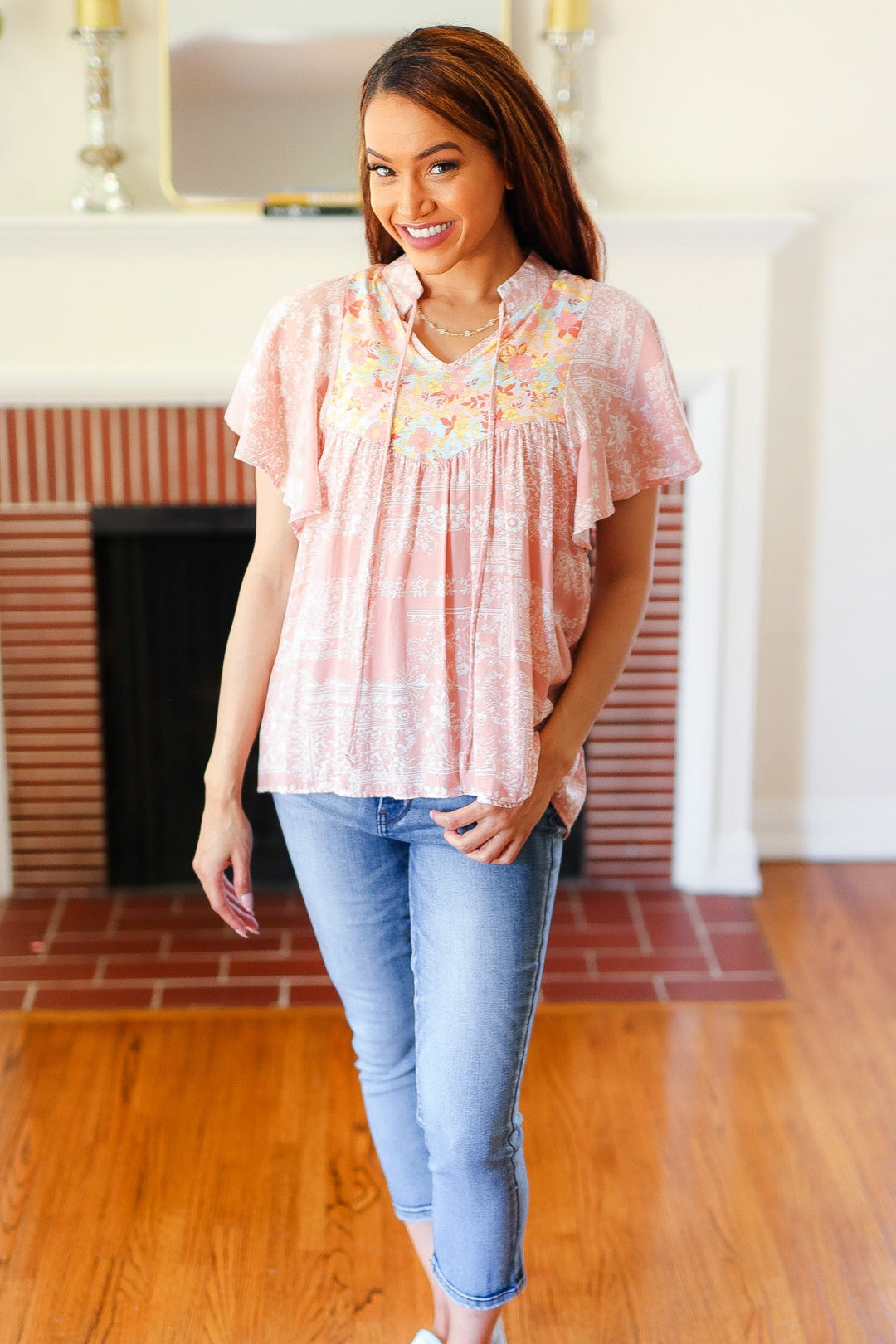 Blush Paisley Floral Yoke Tie Neck Top-Sugarfox-[option4]-[option5]-[option6]-[option7]-[option8]-Shop-Boutique-Clothing-for-Women-Online