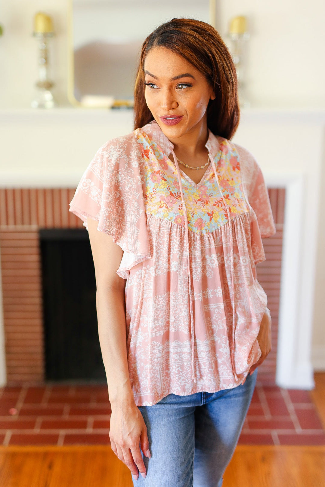 Blush Paisley Floral Yoke Tie Neck Top-Sugarfox-[option4]-[option5]-[option6]-[option7]-[option8]-Shop-Boutique-Clothing-for-Women-Online