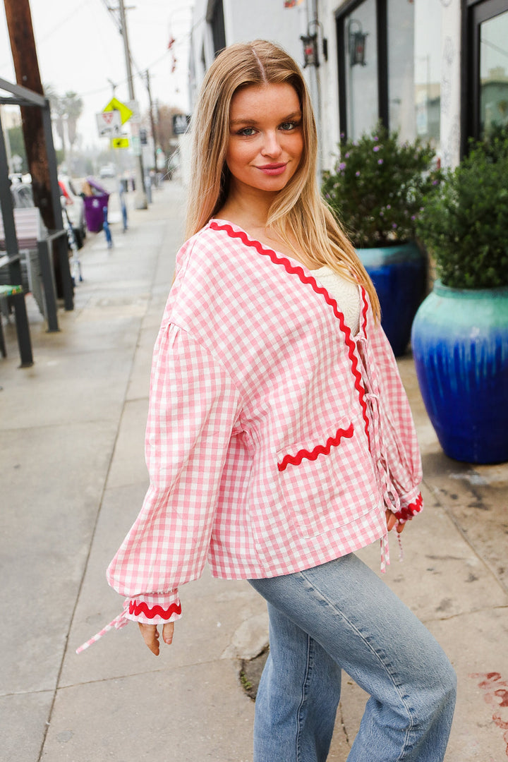 Spell Bound Red & Pink Cotton Ribbon Tie Gingham Pocket Jacket-Haptics-[option4]-[option5]-[option6]-[option7]-[option8]-Shop-Boutique-Clothing-for-Women-Online