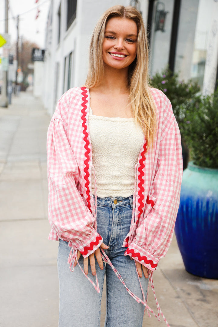 Spell Bound Red & Pink Cotton Ribbon Tie Gingham Pocket Jacket-Haptics-[option4]-[option5]-[option6]-[option7]-[option8]-Shop-Boutique-Clothing-for-Women-Online