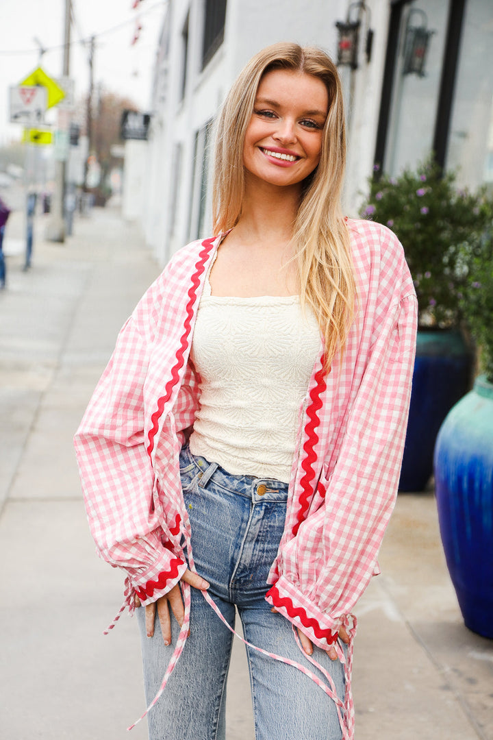 Spell Bound Red & Pink Cotton Ribbon Tie Gingham Pocket Jacket-Haptics-[option4]-[option5]-[option6]-[option7]-[option8]-Shop-Boutique-Clothing-for-Women-Online