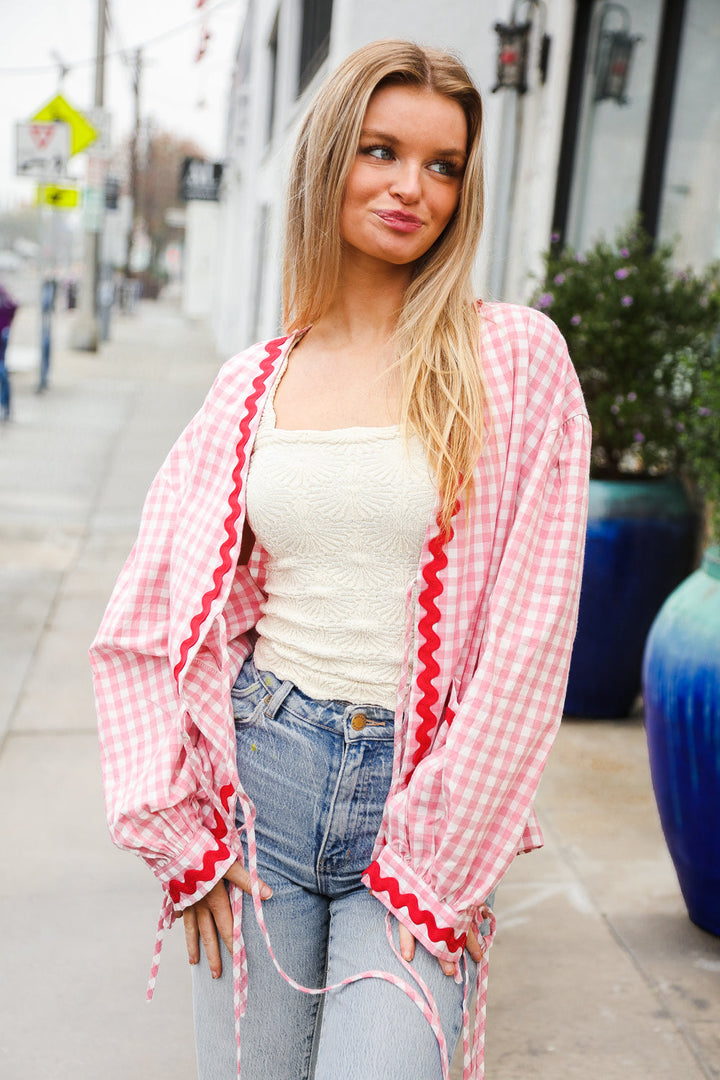 Spell Bound Red & Pink Cotton Ribbon Tie Gingham Pocket Jacket-Haptics-[option4]-[option5]-[option6]-[option7]-[option8]-Shop-Boutique-Clothing-for-Women-Online