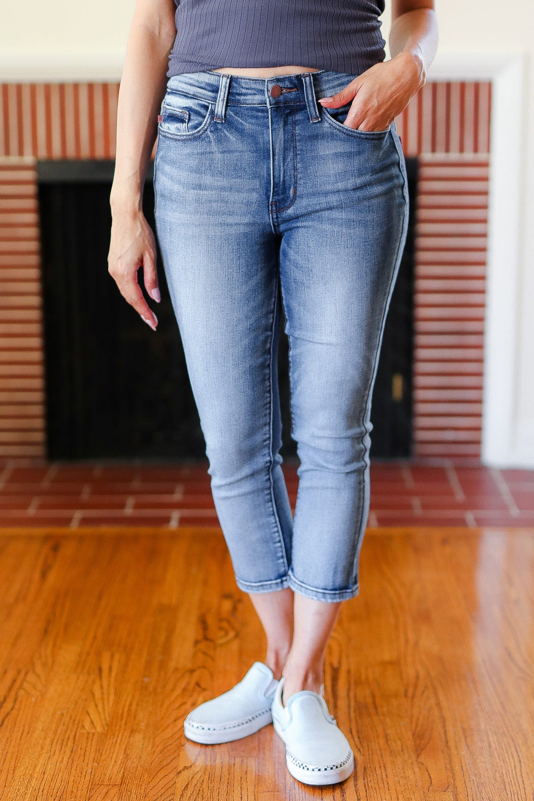 Judy Blue Medium Wash Mid Rise Skinny Capri-Judy Blue-[option4]-[option5]-[option6]-[option7]-[option8]-Shop-Boutique-Clothing-for-Women-Online