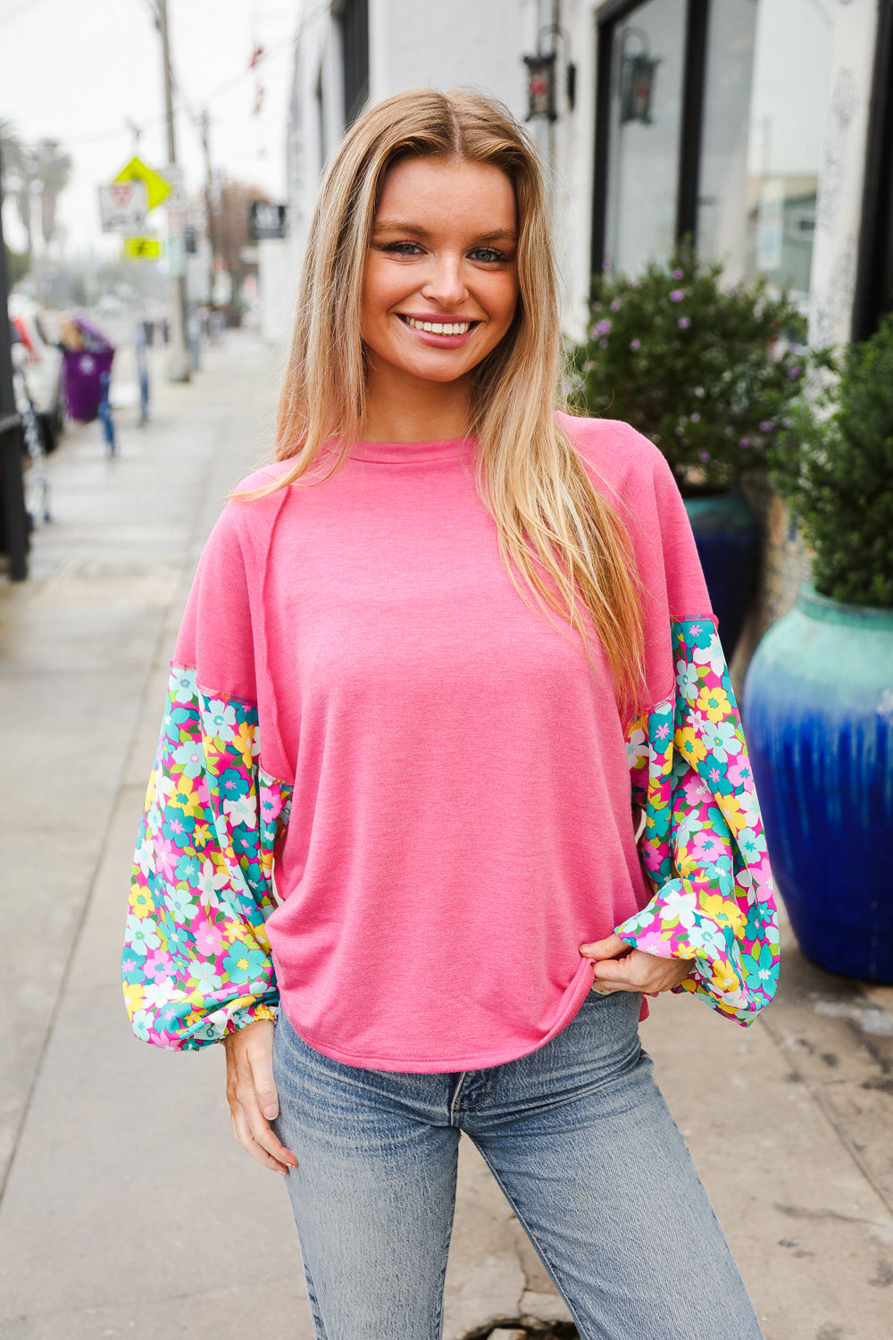 Lock Eyes Pink & Floral Bubble Sleeve French Terry Pullover-Haptics-[option4]-[option5]-[option6]-[option7]-[option8]-Shop-Boutique-Clothing-for-Women-Online