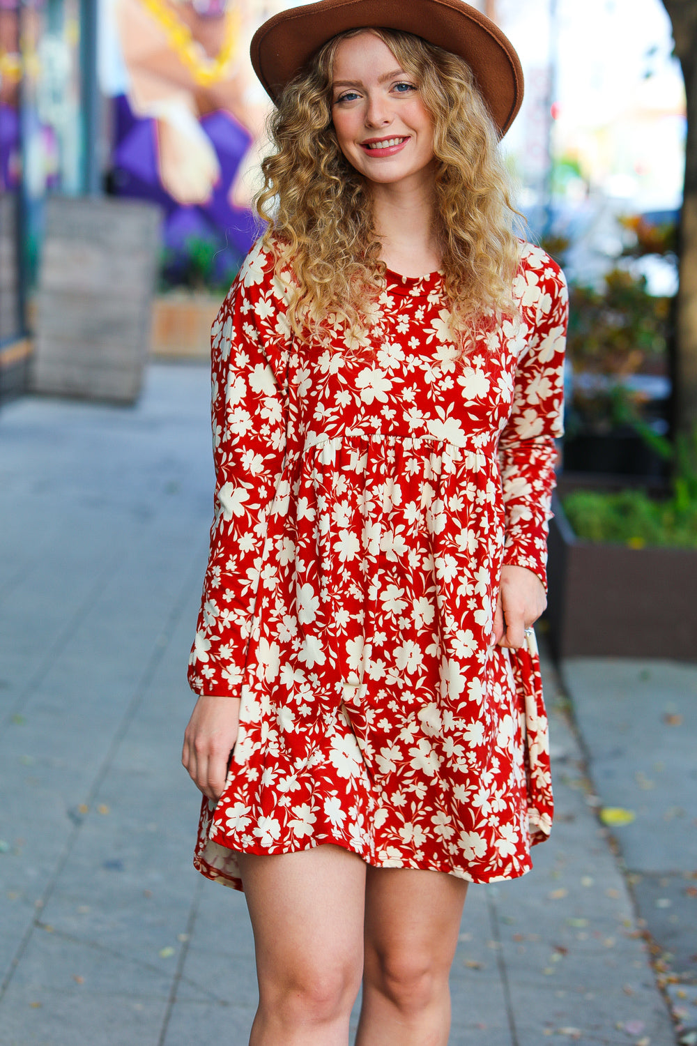Haptics Just Be You Rust Floral Long Sleeve Babydoll Dress-Haptics-[option4]-[option5]-[option6]-[option7]-[option8]-Shop-Boutique-Clothing-for-Women-Online