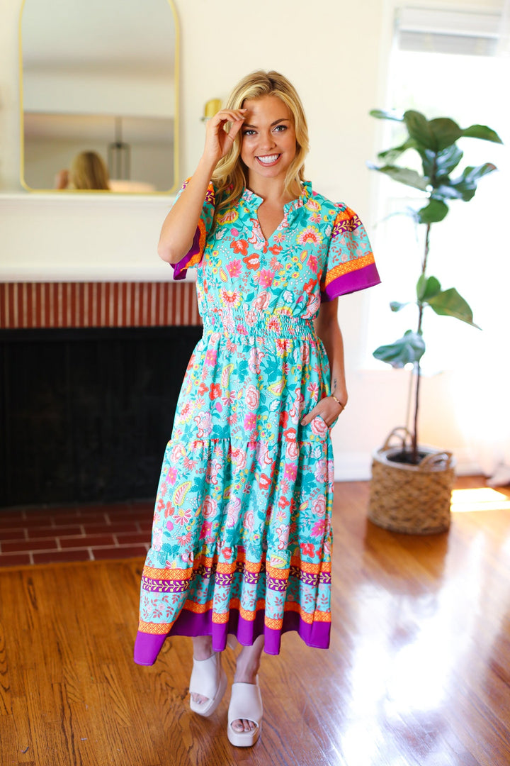 Beautiful You Mint Floral Border Print Smocked Waist Maxi Dress-Haptics-[option4]-[option5]-[option6]-[option7]-[option8]-Shop-Boutique-Clothing-for-Women-Online