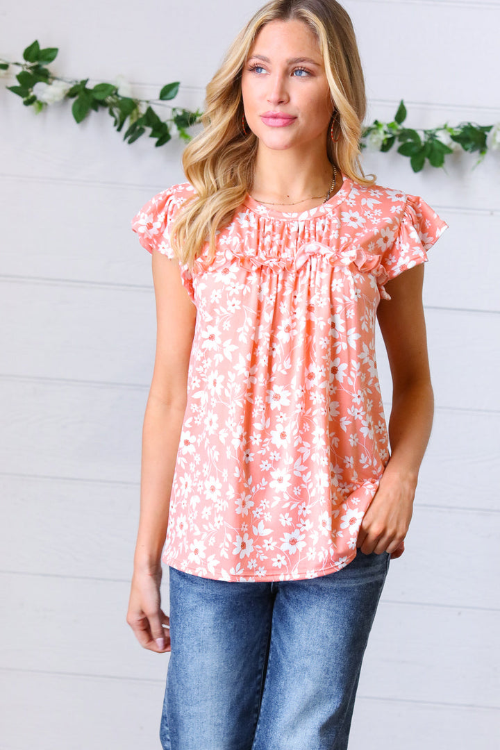 Peach Floral Print Frilled Short Sleeve Yoke Top-Haptics-[option4]-[option5]-[option6]-[option7]-[option8]-Shop-Boutique-Clothing-for-Women-Online