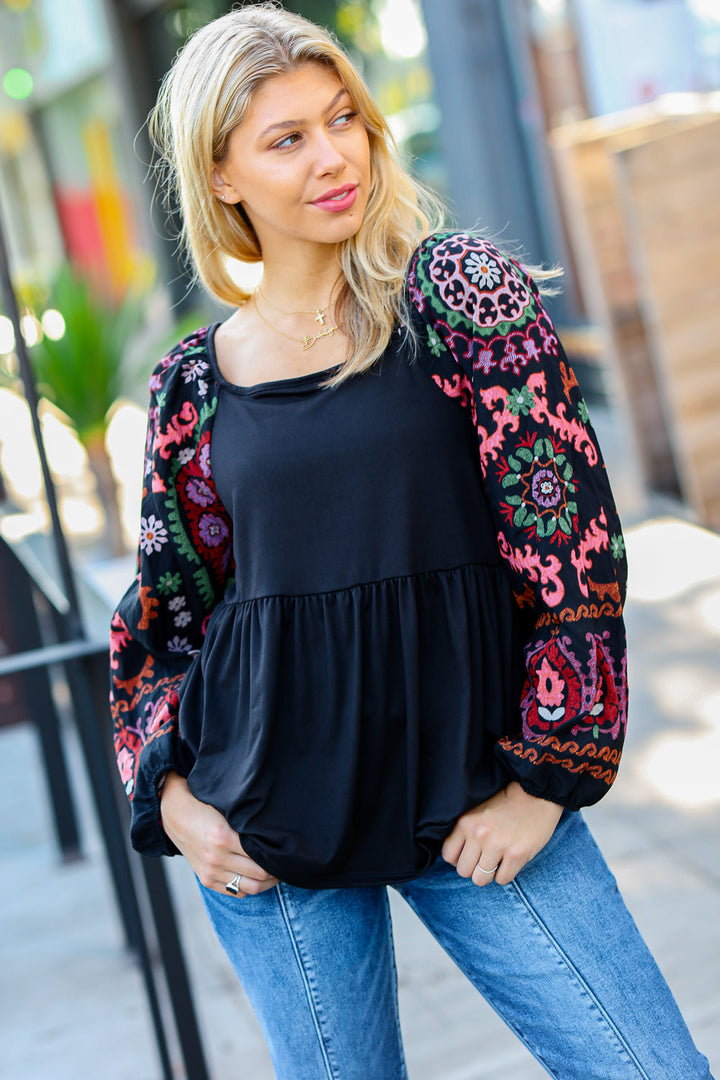 Haptics Black Square Neck Dueling Dreams Border Print Blouse-The Bee Chic Boutique-[option4]-[option5]-[option6]-[option7]-[option8]-Shop-Boutique-Clothing-for-Women-Online