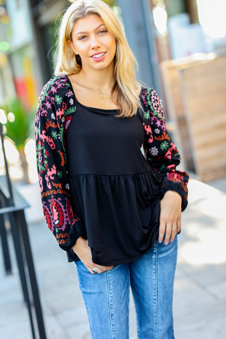 Haptics Black Square Neck Dueling Dreams Border Print Blouse-The Bee Chic Boutique-[option4]-[option5]-[option6]-[option7]-[option8]-Shop-Boutique-Clothing-for-Women-Online