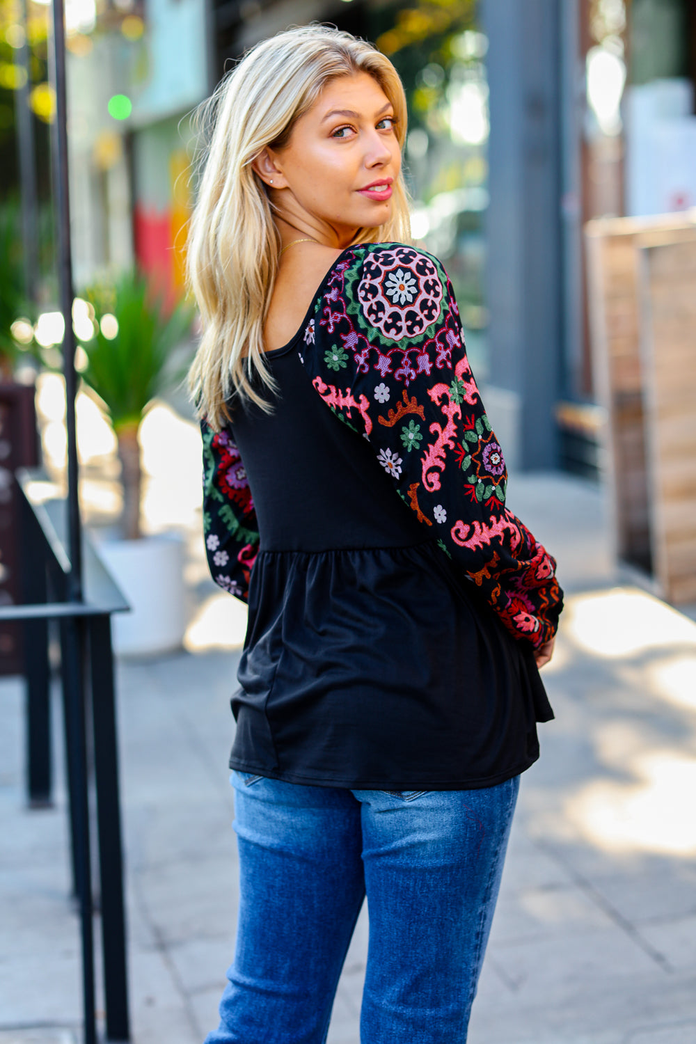 Haptics Black Square Neck Dueling Dreams Border Print Blouse-The Bee Chic Boutique-[option4]-[option5]-[option6]-[option7]-[option8]-Shop-Boutique-Clothing-for-Women-Online