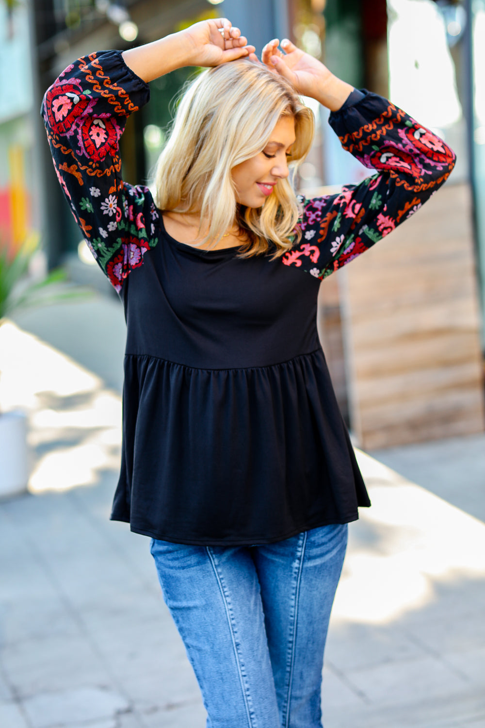 Haptics Black Square Neck Dueling Dreams Border Print Blouse-The Bee Chic Boutique-[option4]-[option5]-[option6]-[option7]-[option8]-Shop-Boutique-Clothing-for-Women-Online