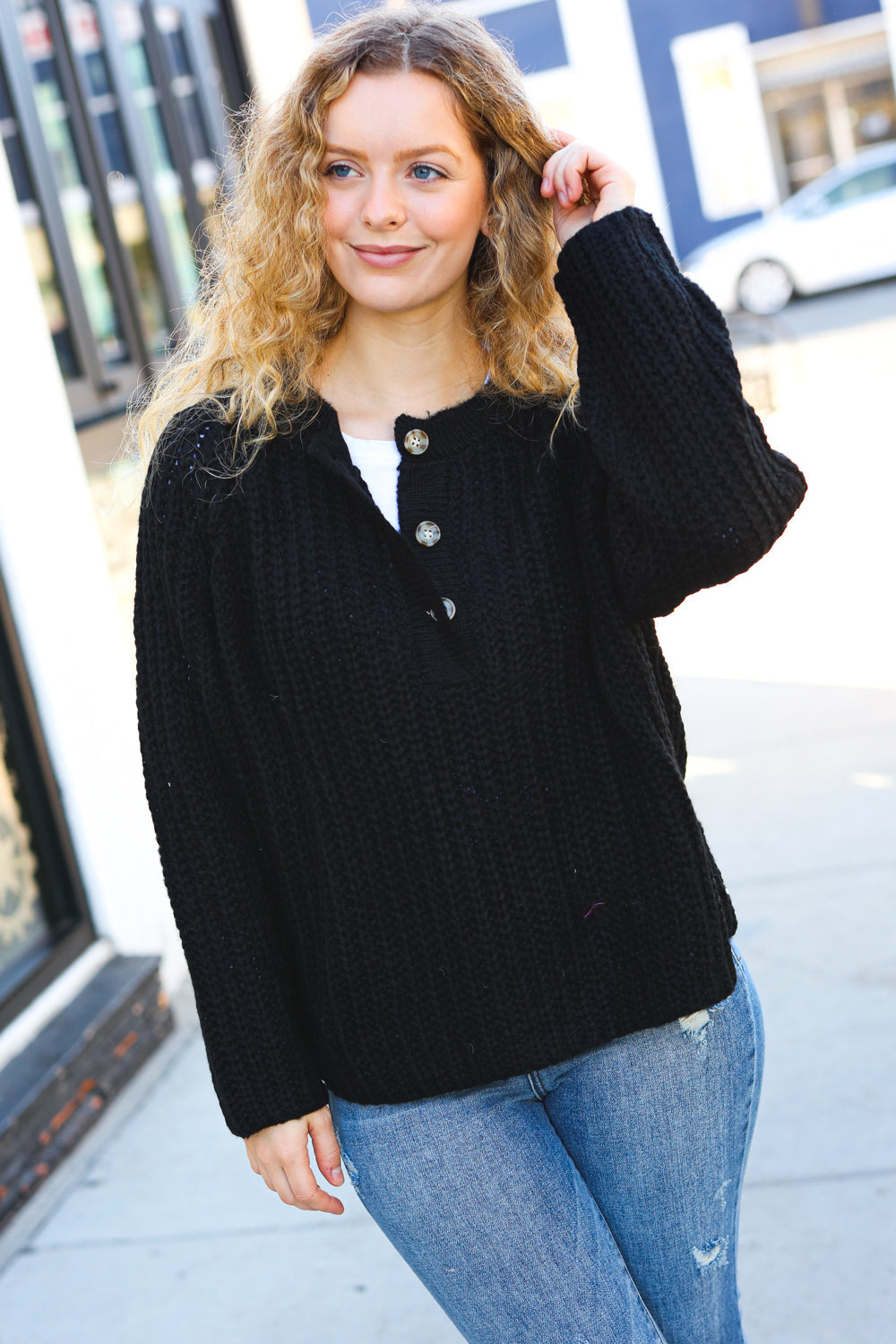 Bibi Better Than Ever Black Loose Knit Henley Button Sweater-BIBI-[option4]-[option5]-[option6]-[option7]-[option8]-Shop-Boutique-Clothing-for-Women-Online