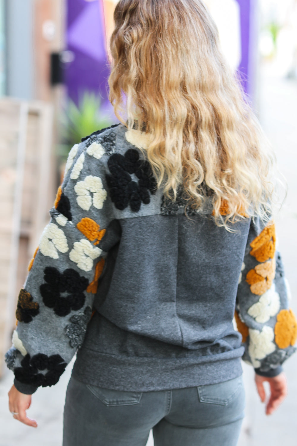 Haptics Feeling Joyful Grey & Camel Embroidered Sherpa Flower Pullover-Haptics-[option4]-[option5]-[option6]-[option7]-[option8]-Shop-Boutique-Clothing-for-Women-Online