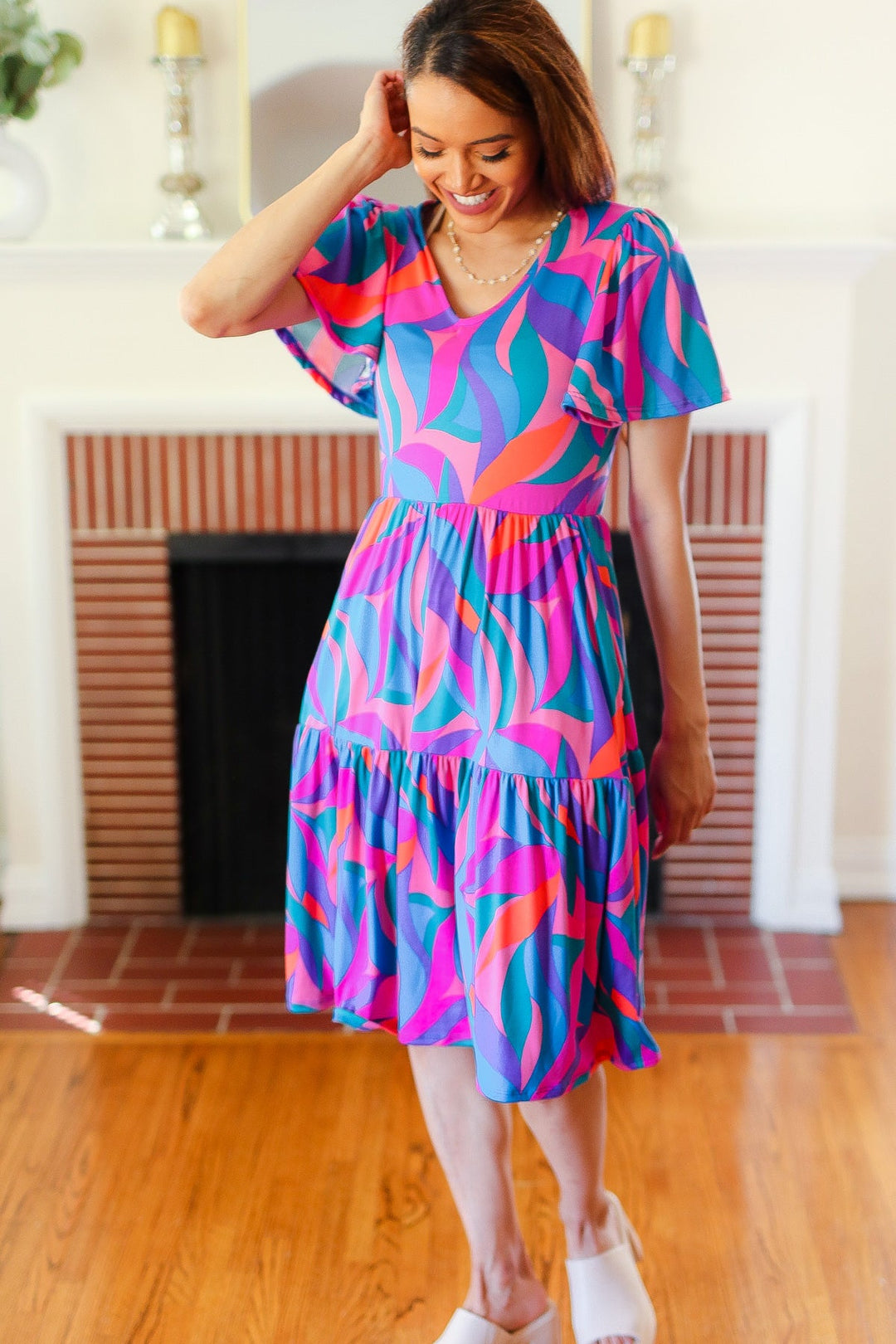 Remember Me Blue & Fuchsia Geo Print V Neck Dress-Haptics-[option4]-[option5]-[option6]-[option7]-[option8]-Shop-Boutique-Clothing-for-Women-Online