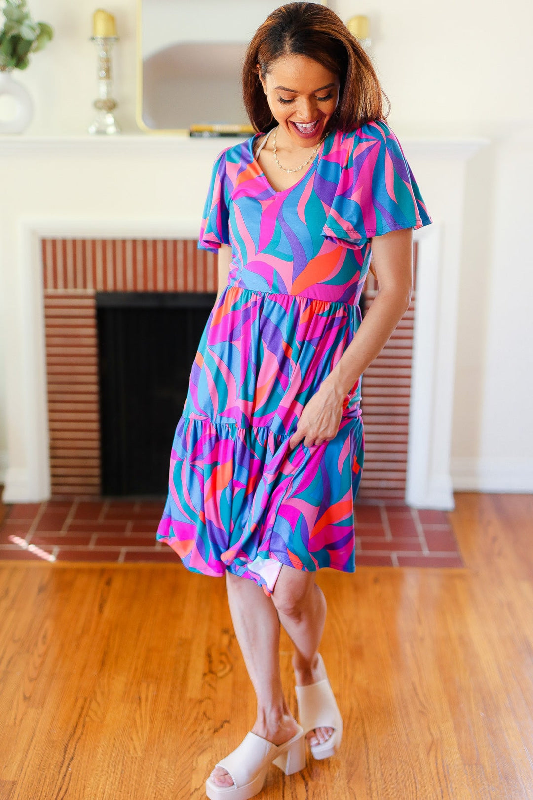 Remember Me Blue & Fuchsia Geo Print V Neck Dress-Haptics-[option4]-[option5]-[option6]-[option7]-[option8]-Shop-Boutique-Clothing-for-Women-Online