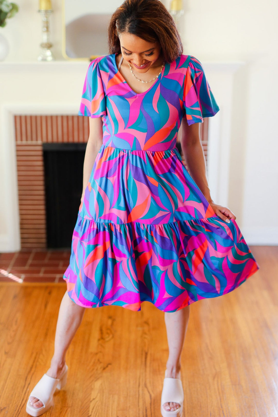 Remember Me Blue & Fuchsia Geo Print V Neck Dress-Haptics-[option4]-[option5]-[option6]-[option7]-[option8]-Shop-Boutique-Clothing-for-Women-Online