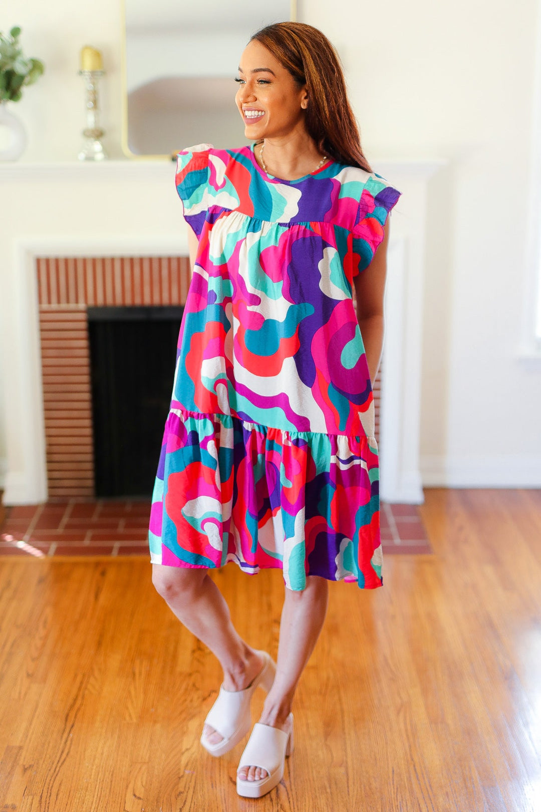 Go For Fun Fuchsia Geo Print Tiered Ruffle Sleeve Woven Dress-Haptics-[option4]-[option5]-[option6]-[option7]-[option8]-Shop-Boutique-Clothing-for-Women-Online