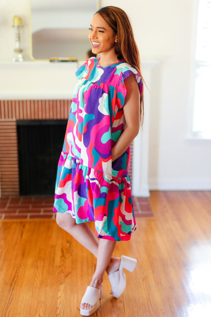 Go For Fun Fuchsia Geo Print Tiered Ruffle Sleeve Woven Dress-Haptics-[option4]-[option5]-[option6]-[option7]-[option8]-Shop-Boutique-Clothing-for-Women-Online