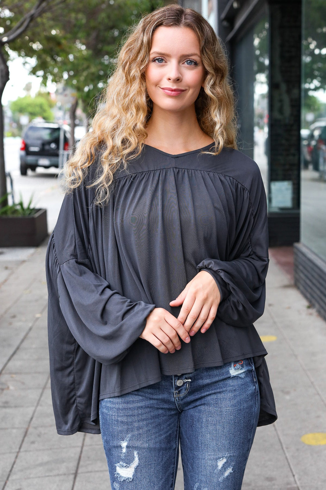 Casual Chic Charcoal V Neck Yoke Modal Knit Top-Haptics-[option4]-[option5]-[option6]-[option7]-[option8]-Shop-Boutique-Clothing-for-Women-Online