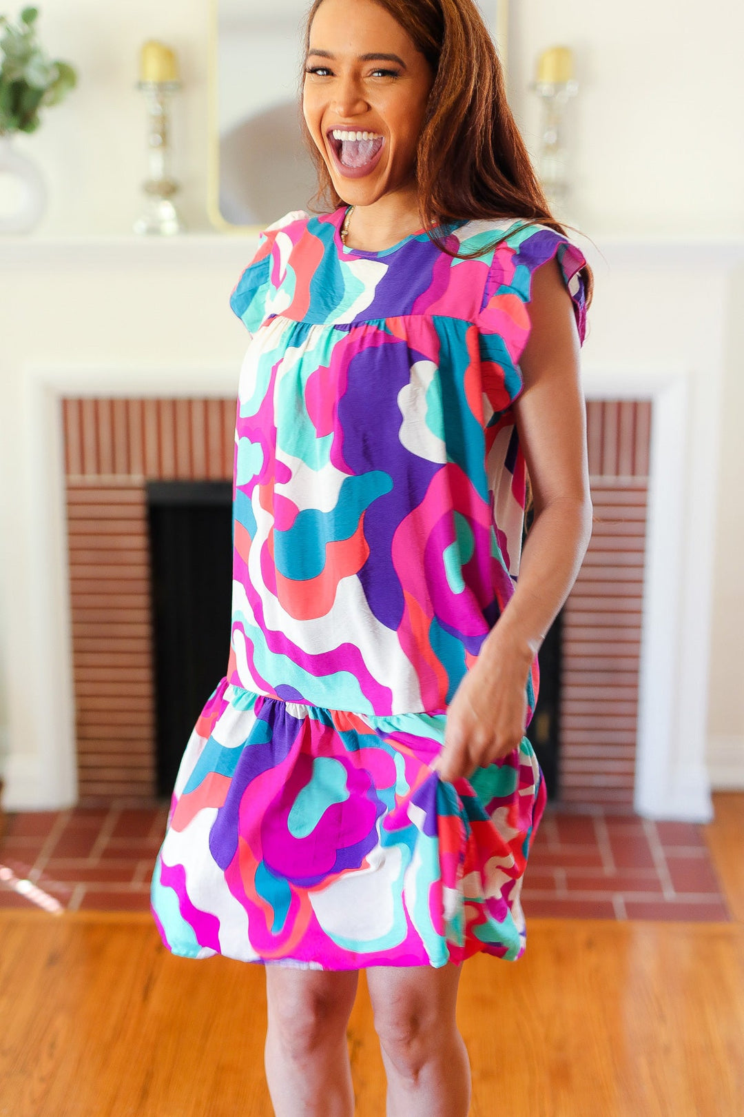 Go For Fun Fuchsia Geo Print Tiered Ruffle Sleeve Woven Dress-Haptics-[option4]-[option5]-[option6]-[option7]-[option8]-Shop-Boutique-Clothing-for-Women-Online