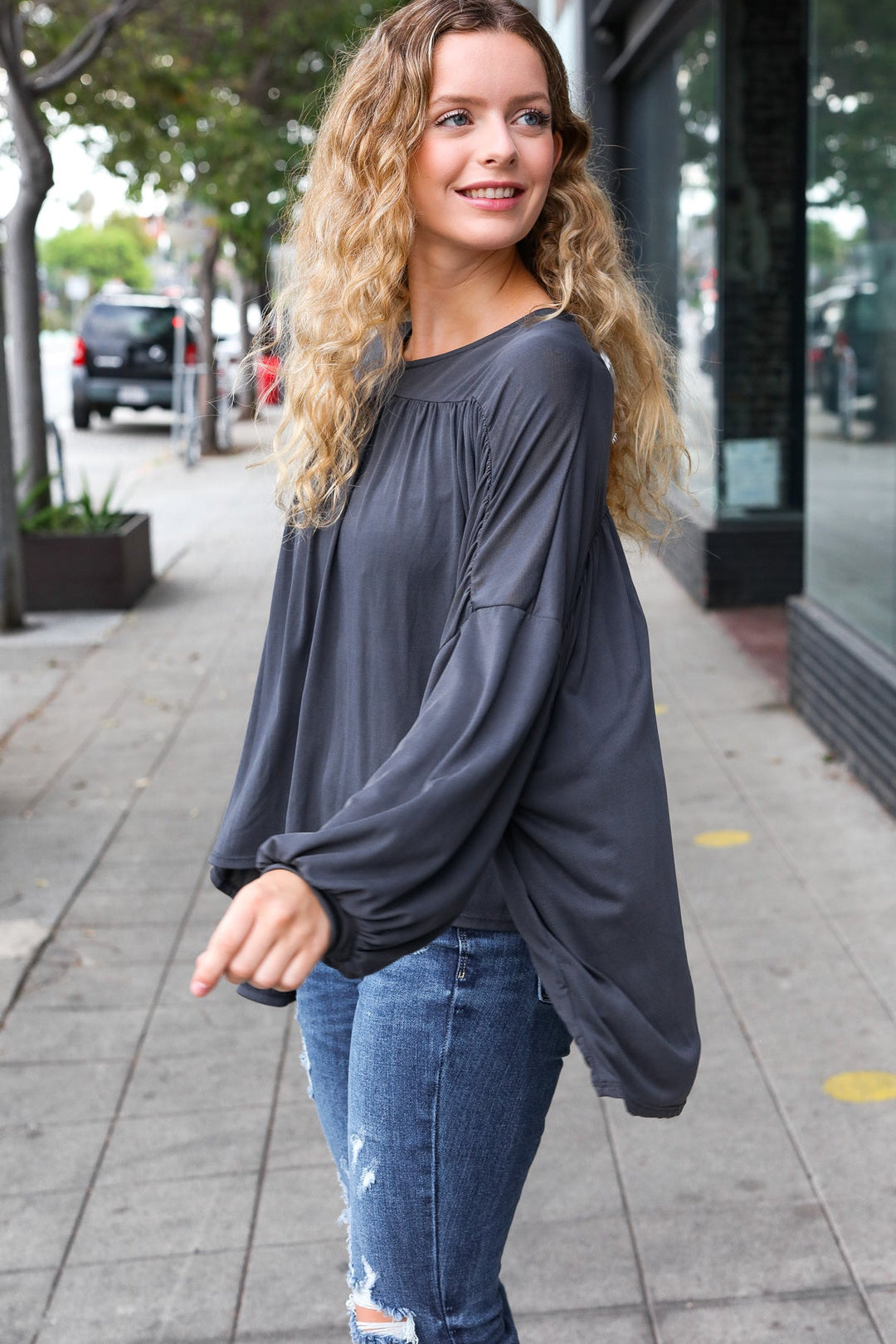 Casual Chic Charcoal V Neck Yoke Modal Knit Top-Haptics-[option4]-[option5]-[option6]-[option7]-[option8]-Shop-Boutique-Clothing-for-Women-Online