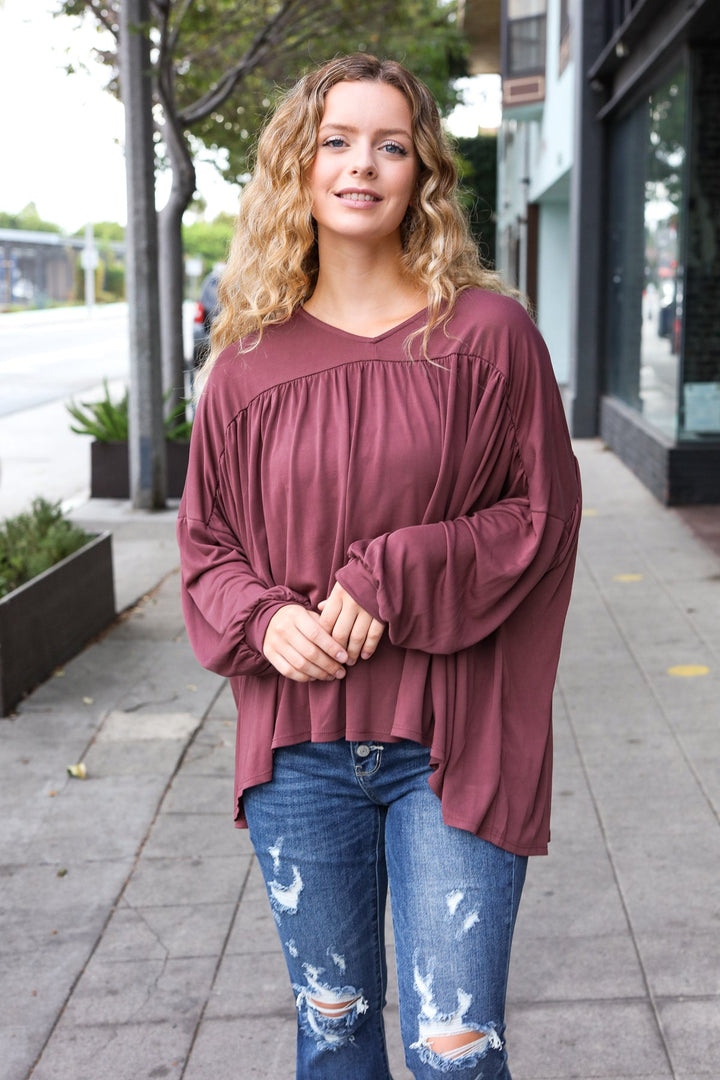 Casual Chic Wine V Neck Yoke Modal Knit Oversized Top-Haptics-[option4]-[option5]-[option6]-[option7]-[option8]-Shop-Boutique-Clothing-for-Women-Online