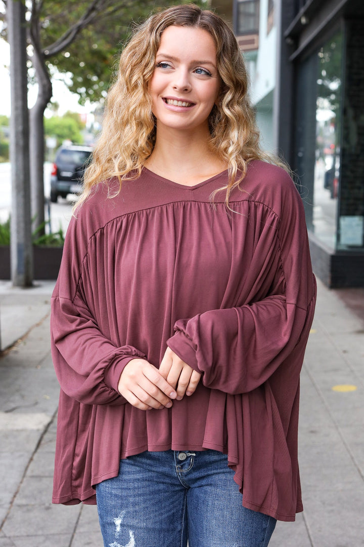 Casual Chic Wine V Neck Yoke Modal Knit Oversized Top-Haptics-[option4]-[option5]-[option6]-[option7]-[option8]-Shop-Boutique-Clothing-for-Women-Online