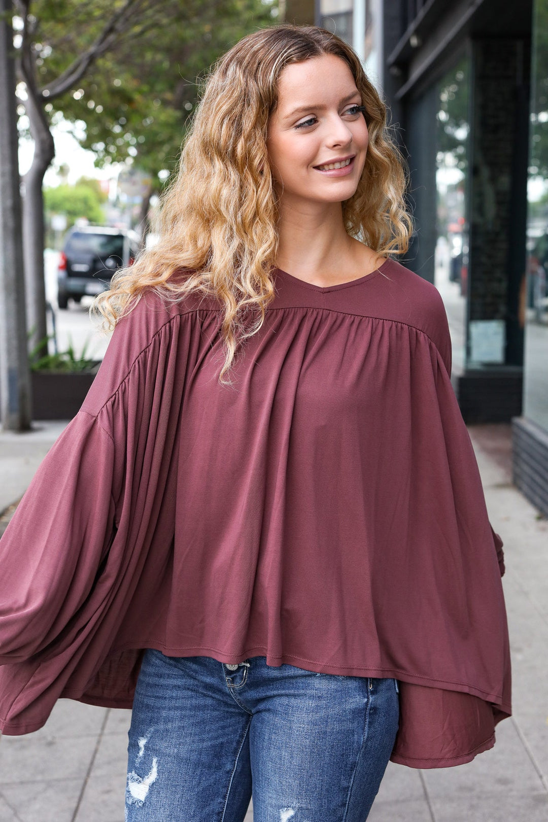 Casual Chic Wine V Neck Yoke Modal Knit Oversized Top-Haptics-[option4]-[option5]-[option6]-[option7]-[option8]-Shop-Boutique-Clothing-for-Women-Online