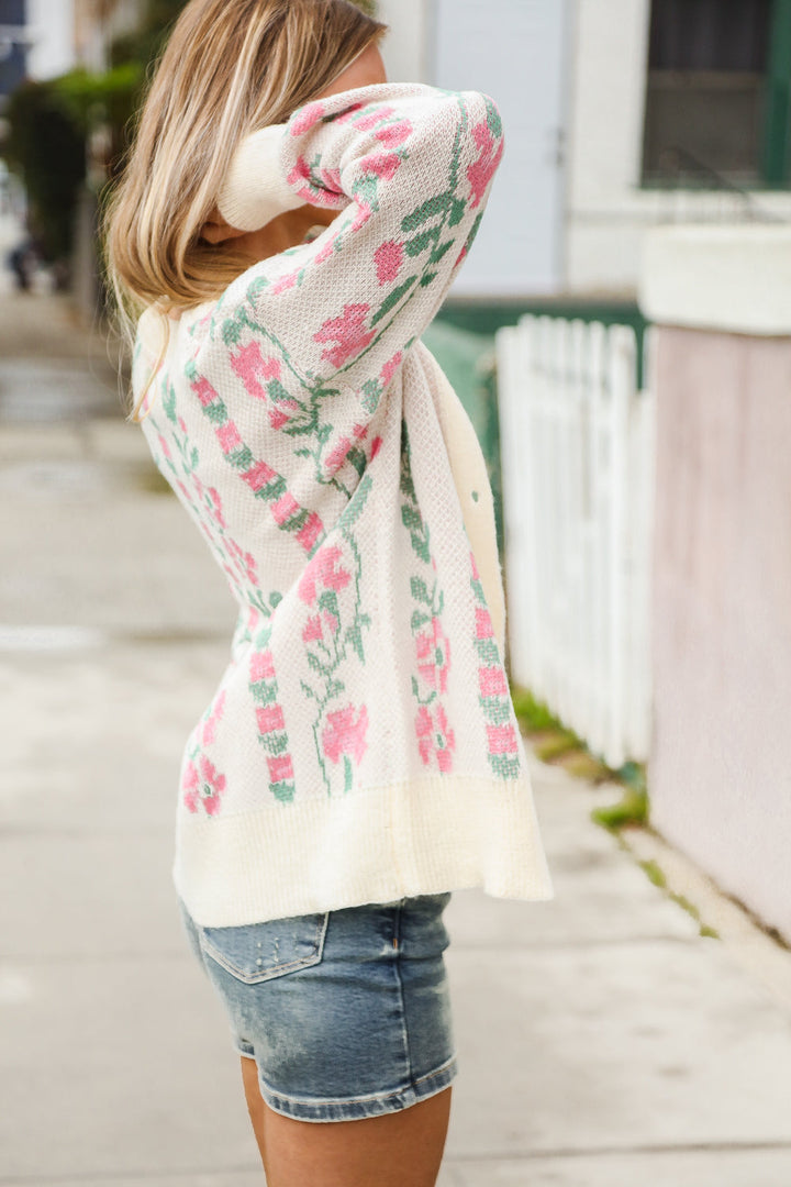 All For Love Ivory Jacquard Vertical Floral Button Down Cardigan