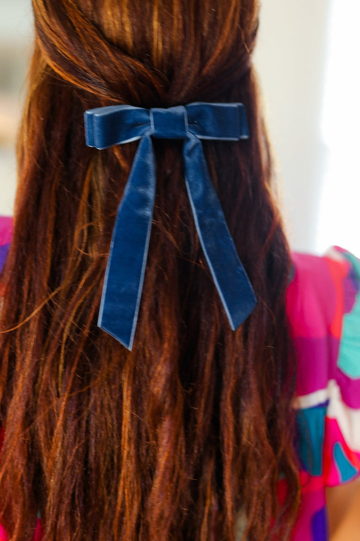 Navy Blue Velvet Clip-On Double Bow-ICON-One Size Fits All-[option4]-[option5]-[option6]-[option7]-[option8]-Shop-Boutique-Clothing-for-Women-Online